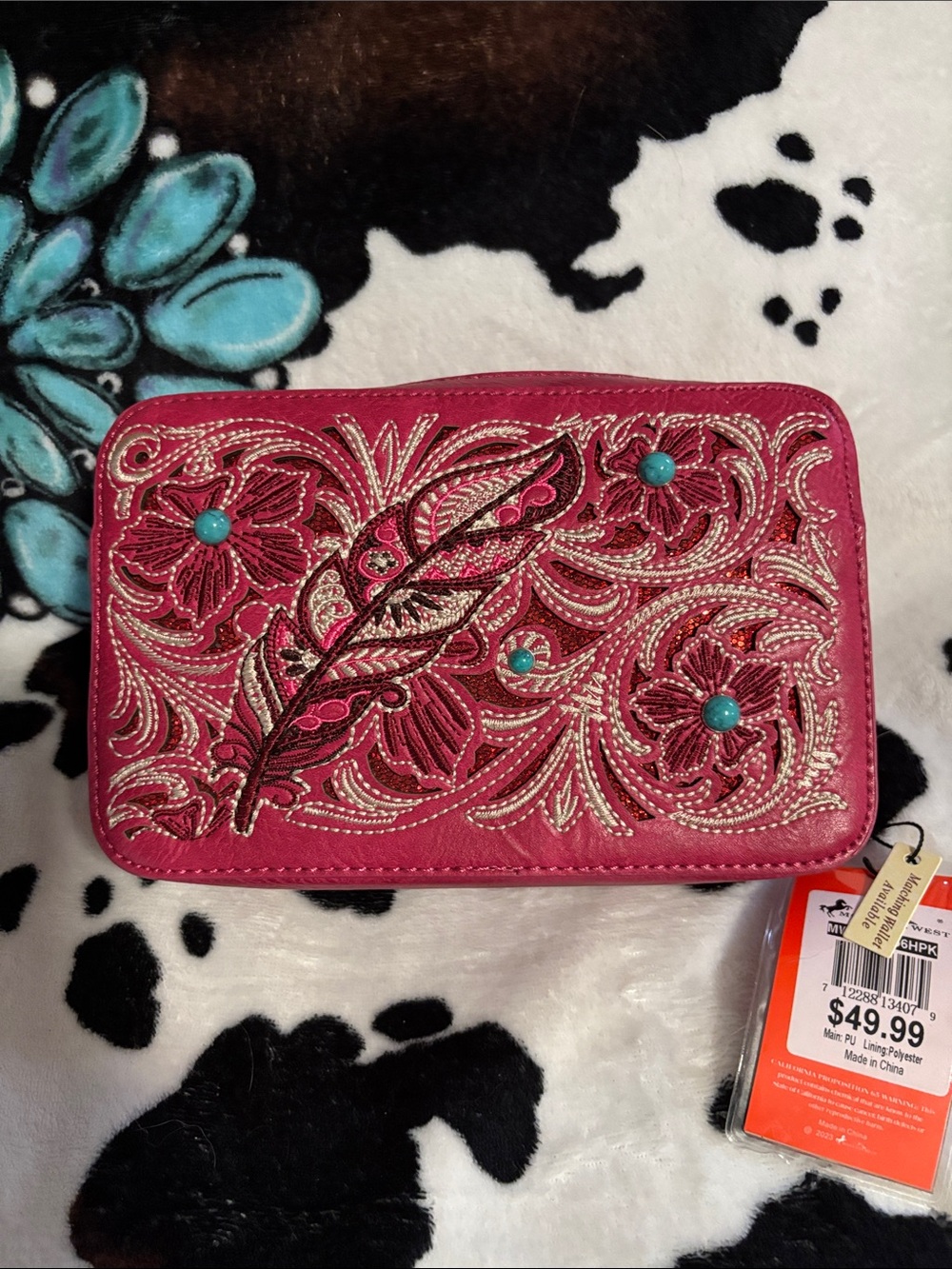 Embroidered Fuchsia Women's Zip Wallet with Turquoise Accents